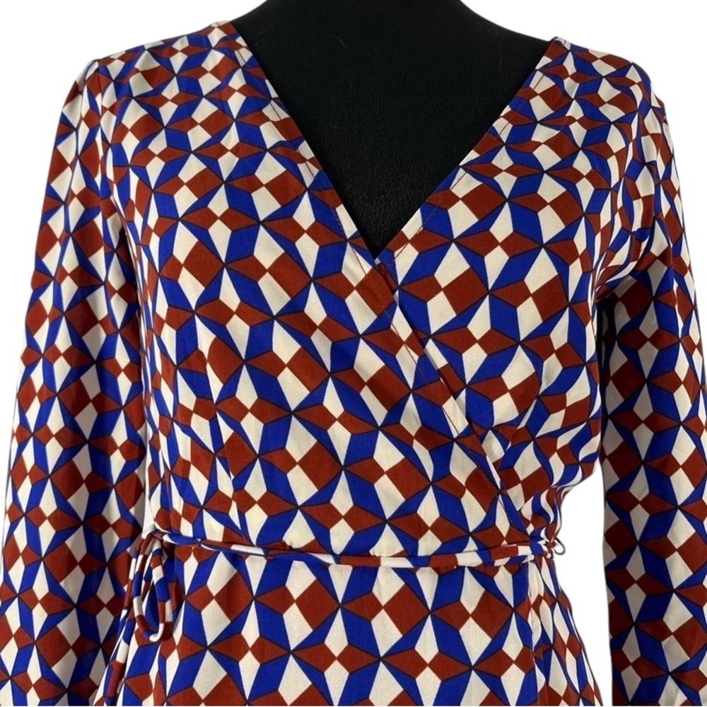 Geometric Blue,Burgundy Patterned Long Sleeve,Wrap Dress,Small - Picture 3 of 9